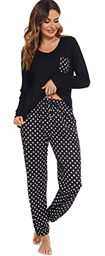 Lovasy Pyjamas for Women Soft Ladies Pyjamas Long Sleeve Pjs for Women Sets 2 Pieces Womens Pyjamas Sets Printed Pajamas with Pockets,black,L