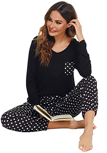 Lovasy Pyjamas for Women Soft Ladies Pyjamas Long Sleeve Pjs for Women Sets 2 Pieces Womens Pyjamas Sets Printed Pajamas with Pockets,black,L