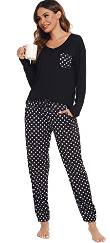 Lovasy Pyjamas for Women Soft Ladies Pyjamas Long Sleeve Pjs for Women Sets 2 Pieces Womens Pyjamas Sets Printed Pajamas with Pockets,black,L