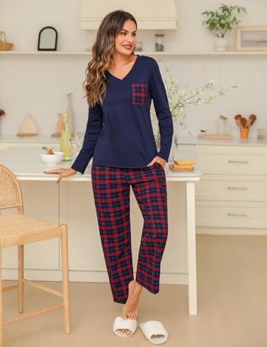 iClosam Women's Pyjama Sets Cotton Ladies Pyjamas Soft 2 Piece Pjs Set Long Sleeve V Neck Loungewear and Plaid Pants Sleepwear with Pockets Drawstring Red