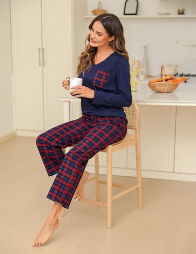 iClosam Women's Pyjama Sets Cotton Ladies Pyjamas Soft 2 Piece Pjs Set Long Sleeve V Neck Loungewear and Plaid Pants Sleepwear with Pockets Drawstring Red