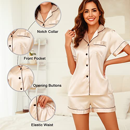 Vlazom Pyjamas for Women, Soft Satin Pjs Set Two Piece Silk Pyjamas for Ladies Button Down Sleepwear Loungewear Champagne,S