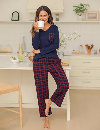 iClosam Women's Pyjama Sets Cotton Ladies Pyjamas Soft 2 Piece Pjs Set Long Sleeve V Neck Loungewear and Plaid Pants Sleepwear with Pockets Drawstring Red