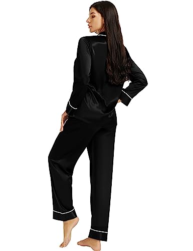 LONXU Women‘s Satin Pajamas Set Black XL