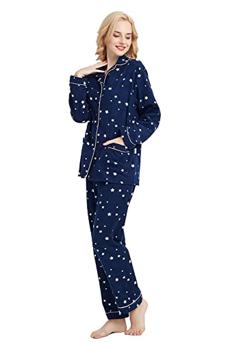 GLOBAL Women's Pyjama Sets 100% Cotton Flannel Ladies PJs Button Front Top Drawstring Bottoms Navy Blue,Star M