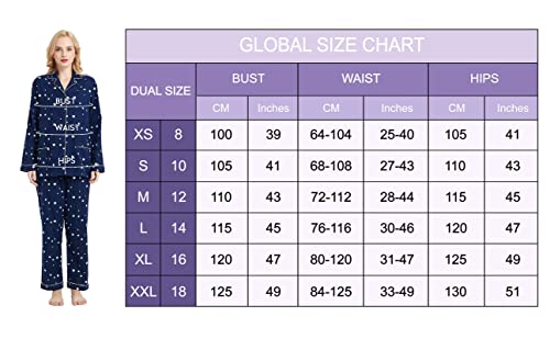 GLOBAL Women's Pyjama Sets 100% Cotton Flannel Ladies PJs Button Front Top Drawstring Bottoms Navy Blue,Star M