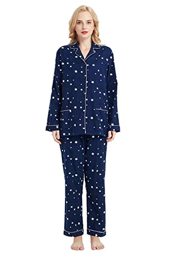 GLOBAL Women's Pyjama Sets 100% Cotton Flannel Ladies PJs Button Front Top Drawstring Bottoms Navy Blue,Star M