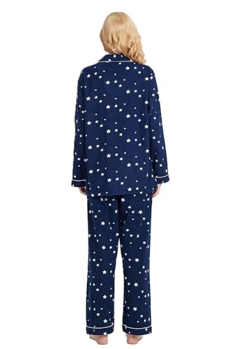 GLOBAL Women's Pyjama Sets 100% Cotton Flannel Ladies PJs Button Front Top Drawstring Bottoms Navy Blue,Star M