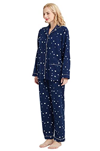 GLOBAL Women's Pyjama Sets 100% Cotton Flannel Ladies PJs Button Front Top Drawstring Bottoms Navy Blue,Star M