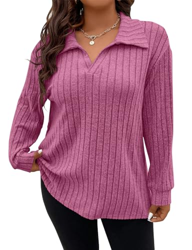 Gemulate Womens Sweaters and Jumpers UK Ladies Long Sleeve Plus Size Tops Casual V Neck Sweater Striped Sweatshirts Pink 5XL