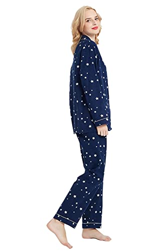 GLOBAL Women's Pyjama Sets 100% Cotton Flannel Ladies PJs Button Front Top Drawstring Bottoms Navy Blue,Star M
