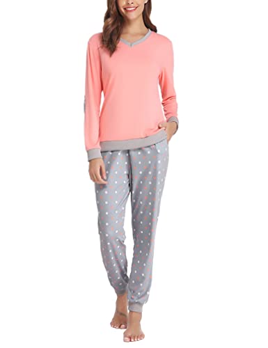 Irdcomps Women's Pyjamas Set Cotton Long Sleeve Ladies Pajamas Set Sleepwear Soft Top and Long Bottoms with Pockets Loungewear Two Pieces Nightwear Pjs Orange pink M