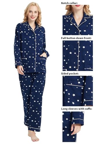 GLOBAL Women's Pyjama Sets 100% Cotton Flannel Ladies PJs Button Front Top Drawstring Bottoms Navy Blue,Star M