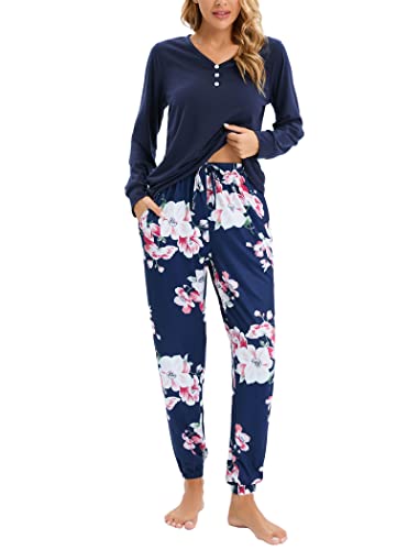 Famulily Women's Pyjama Sets Soft V-Neck Soft Loungewear Winter Pjs Set Cotton Long Sleeve Sleepwear with Pockets Blue S