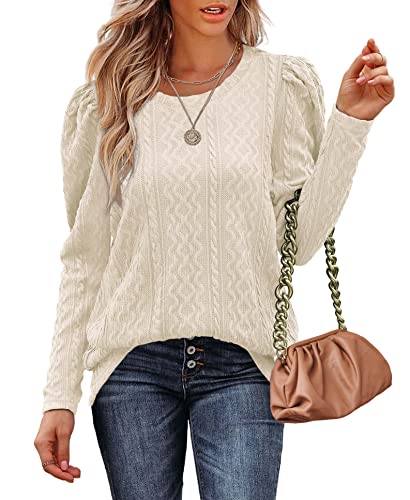 Aokosor Jumpers for Women Puff Sleeve Tops Ladies Knitted Solid Color Sweatshirts Beige Size 10-12