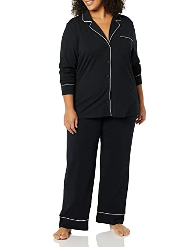 Amazon Essentials Women's Cotton Modal Long-Sleeve Shirt and Full-Length Bottom Pyjama Set (Available in Plus Size), Black, M