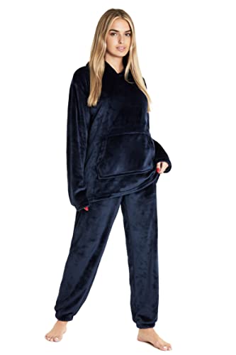 CityComfort Pyjamas for Women, Hooded Fleece Womens Pyjamas and Teens, Fluffy Nightwear Loungewear Set, Cosy Fleece PJs Navy
