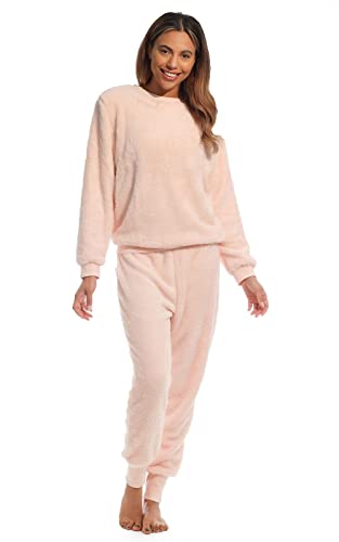 Light & Shade Pretty Woman PWD2155 Ladies Crew Neck Long Sleeve and Cuffed Jog Bottoms Wellsoft Fluffy Brush Loungewear Twosie Set, Peach, S/M