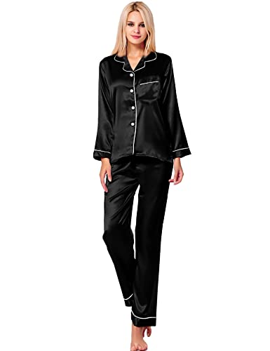 SWOMOG Satin Women Pyjamas Set Long Sleeve Pyjamas Button-Down Sleepwear Soft Silk Pjs Black