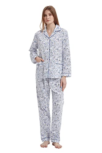 GLOBAL Ladies Pyjamas Set 100% Cotton Womens PJs Drawstring Sleepwear for Women White Navy Blue, Navy Blue Flower L