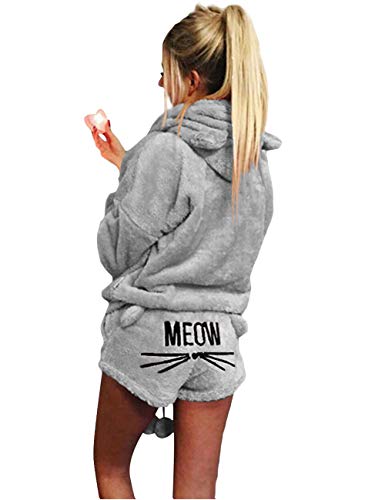 Poplover Womens Cute Fleece Pajamas Suit Hooded Sleepwear Meow Shorts Set Grey Medium