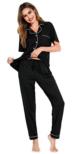 Lovasy Pyjamas for Women Soft Ladies Pyjamas Button Down Pjs for Women Sets Classic Womens Pyjamas Sets Pajamas Loungewear with Pockets,Black,L