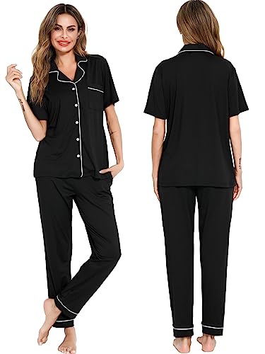 Lovasy Pyjamas for Women Soft Ladies Pyjamas Button Down Pjs for Women Sets Classic Womens Pyjamas Sets Pajamas Loungewear with Pockets,Black,L