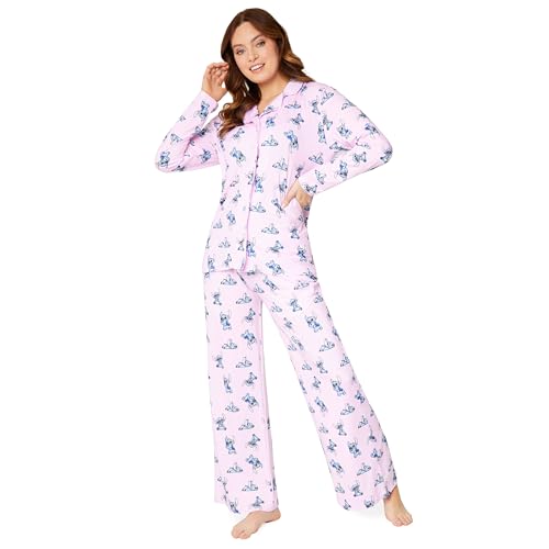 Disney Stitch Womens Pyjamas Set Nightwear Button Front Long PJs Lounge Set S-XL Women Teenagers Stitch Gifts (Pink, S)