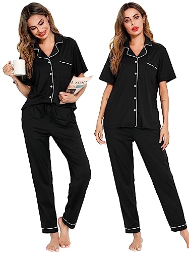 Lovasy Pyjamas for Women Soft Ladies Pyjamas Button Down Pjs for Women Sets Classic Womens Pyjamas Sets Pajamas Loungewear with Pockets,Black,L