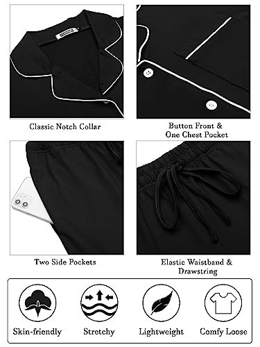Lovasy Pyjamas for Women Soft Ladies Pyjamas Button Down Pjs for Women Sets Classic Womens Pyjamas Sets Pajamas Loungewear with Pockets,Black,L