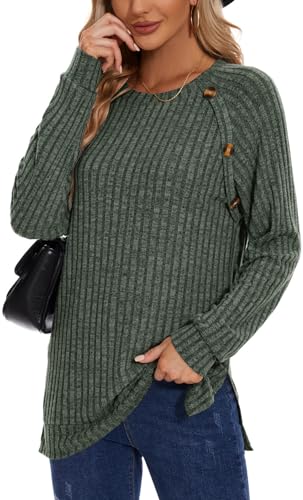 TASAMO Women Knit Jumper Casual Blouses for Ladies Basic Long Sleeve Pullover Splits Hem Sweater Stripe Tops Green L