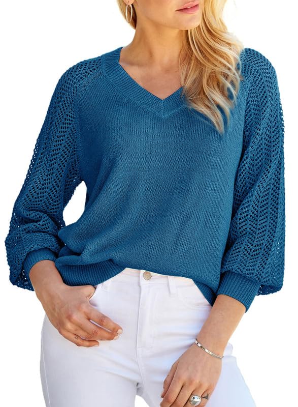 BLENCOT Ladies Tops Women's Classic Lightweight Long-Sleeve V-Neck Jumpers Pullover Sweater Size 12 Blue
