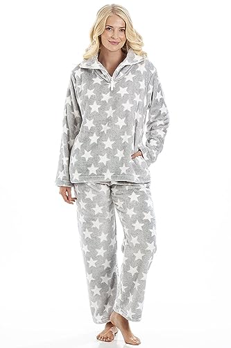 Camille Womens 2 Piece Super Soft Pyjama Set - Grey & White Star Print Thick Fleece Full Length PJ Set - Long Sleeves & Elasticated Waist for Ultimate Comfort and Warmth 14-16