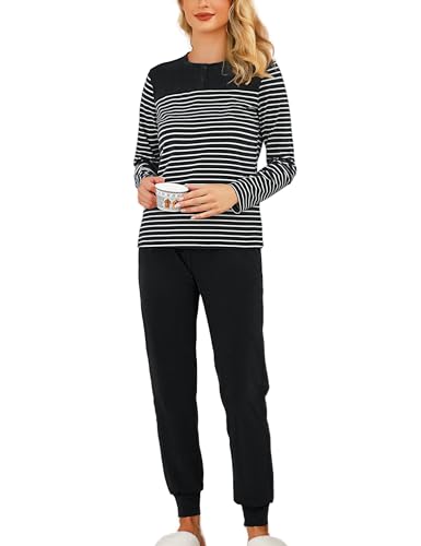 Aseniza Pyjamas For Women Cotton Long Sleeve Ladies Lounge Wear Pjs Set Soft Sleepwear Plaid Top & Bottoms with Pockets Drawstring(C#-Black,S)