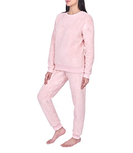 Sleepdown Women's Ladies Long Sleeve Teddy Fleece Top and Bottoms Set Pajama, Blush Pink, L
