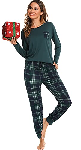 Vlazom Pyjamas Set for Women, Soft Two Pieces Pj's Sets Long Sleeve Tops and Plaid Pants Sleepwear with Pockets D-Dark Green, L