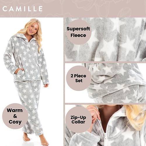 Camille Womens 2 Piece Super Soft Pyjama Set - Grey & White Star Print Thick Fleece Full Length PJ Set - Long Sleeves & Elasticated Waist for Ultimate Comfort and Warmth 14-16