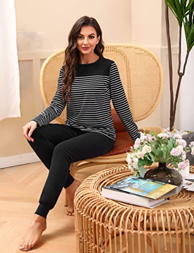 Aseniza Pyjamas For Women Cotton Long Sleeve Ladies Lounge Wear Pjs Set Soft Sleepwear Plaid Top & Bottoms with Pockets Drawstring（C#-Black，S）