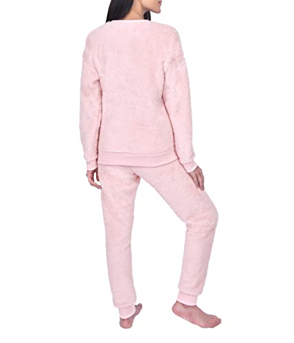 Sleepdown Women's Ladies Long Sleeve Teddy Fleece Top and Bottoms Set Pajama, Blush Pink, L