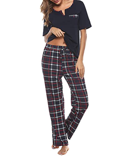 Bresdk Women Pyjama Set Cotton Checked Short Sleeve Loungewear 2 Pieces V-Neck Top & Bottom Sleepwear Soft Nightwear with Pockets Ladies Pjs Set Navy Blue L