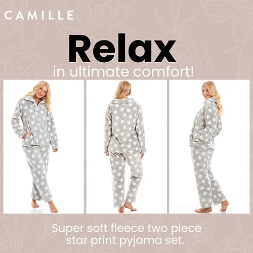 Camille Womens 2 Piece Super Soft Pyjama Set - Grey & White Star Print Thick Fleece Full Length PJ Set - Long Sleeves & Elasticated Waist for Ultimate Comfort and Warmth 14-16