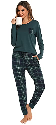 Vlazom Pyjamas Set for Women, Soft Two Pieces Pj's Sets Long Sleeve Tops and Plaid Pants Sleepwear with Pockets D-Dark Green, L