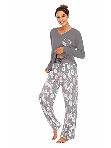 Famulily Pyjamas for Women Set Floral Cotton Long Sleeve Nightwear Casual Loungewear Pjs for Ladies 2 Piece Dark Grey XL