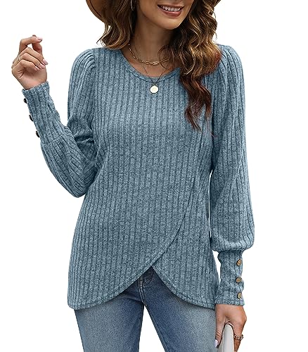 Aokosor Womens Long Sleeve Tops Ladies Jumpers Button Cuffs Sweatshirts Tulip Hem Tunic Blue Size 10-12