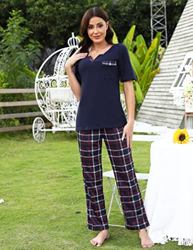Bresdk Women Pyjama Set Cotton Checked Short Sleeve Loungewear 2 Pieces V-Neck Top & Bottom Sleepwear Soft Nightwear with Pockets Ladies Pjs Set Navy Blue L