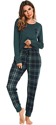 Vlazom Pyjamas Set for Women, Soft Two Pieces Pj's Sets Long Sleeve Tops and Plaid Pants Sleepwear with Pockets D-Dark Green, L