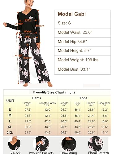 Famulily Pyjamas for Women Set Floral Cotton Long Sleeve Nightwear Casual Loungewear Pjs for Ladies 2 Piece Dark Grey XL
