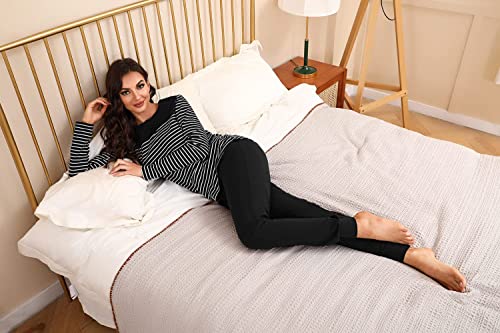 Aseniza Pyjamas For Women Cotton Long Sleeve Ladies Lounge Wear Pjs Set Soft Sleepwear Plaid Top & Bottoms with Pockets Drawstring（C#-Black，S）