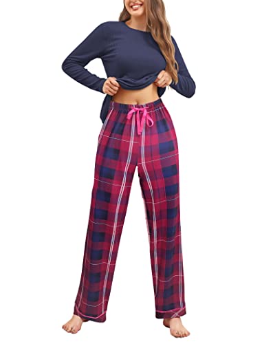 Famulily Pajama Sets for Women UK Soft Lounge Sets O-Neck Sleepwear Tops+Printed Plaid Long Pants Navy Blue L