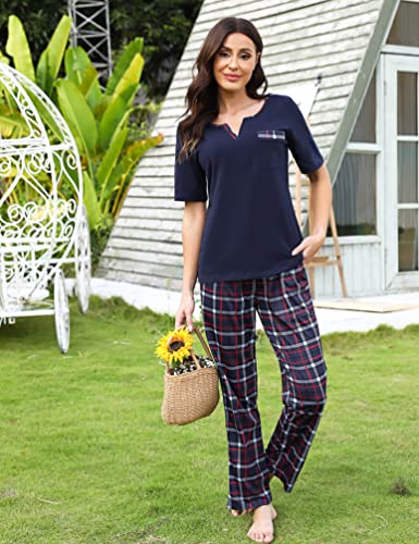 Bresdk Women Pyjama Set Cotton Checked Short Sleeve Loungewear 2 Pieces V-Neck Top & Bottom Sleepwear Soft Nightwear with Pockets Ladies Pjs Set Navy Blue L